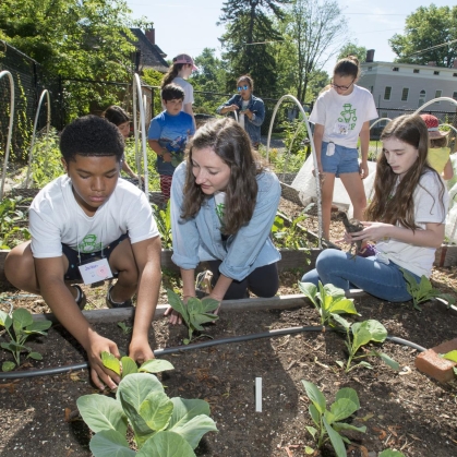 Students work together in community garden.