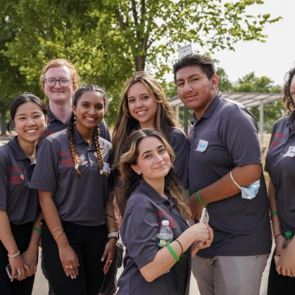 Seven THRIVE SSS student staff pose on campus. 
