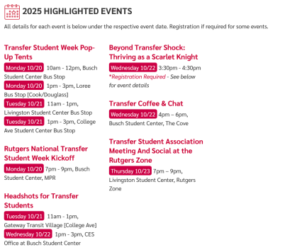 Selected Events National Transfer Student Week Rutgers University-New Brunswick